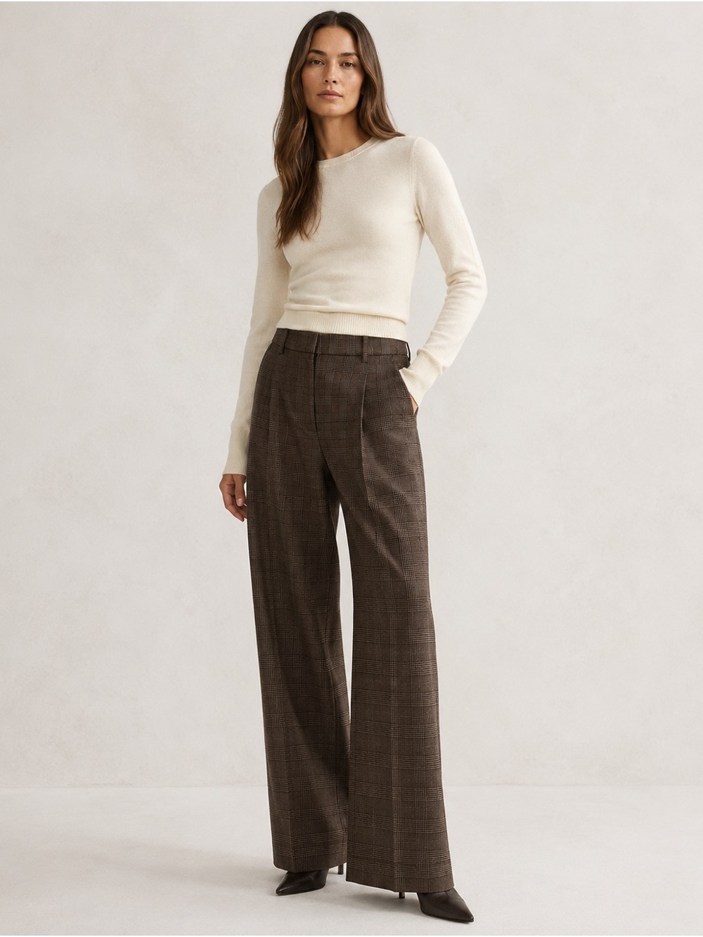 Aritzia The Effortless Pant Brown Plaid High Rise Wide Leg Size 8 Regular